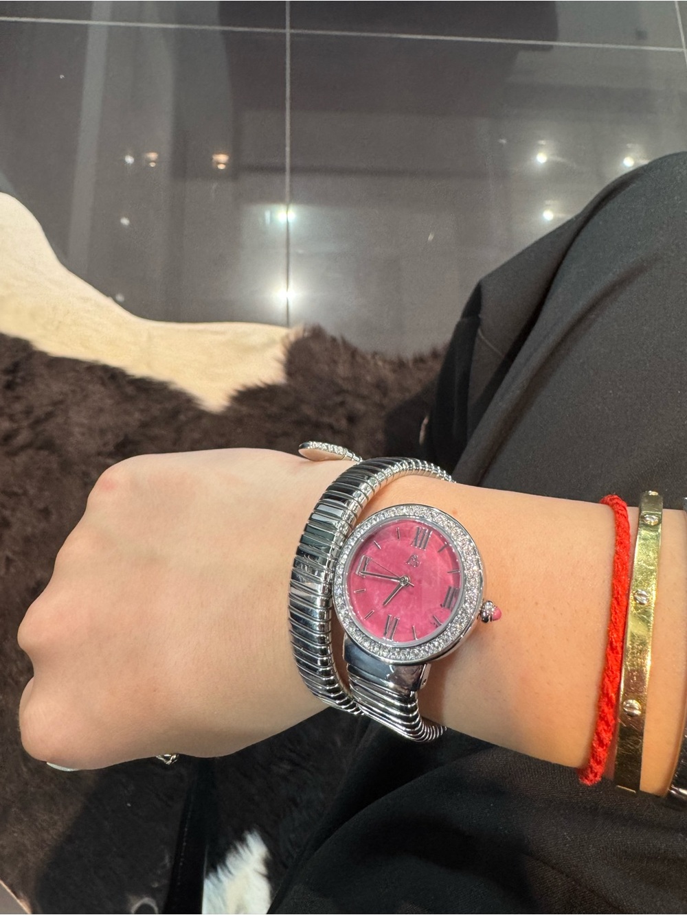 Colleen Lopez Round Pink Rhodonite Dial Coil Wrap Bracelet Watch